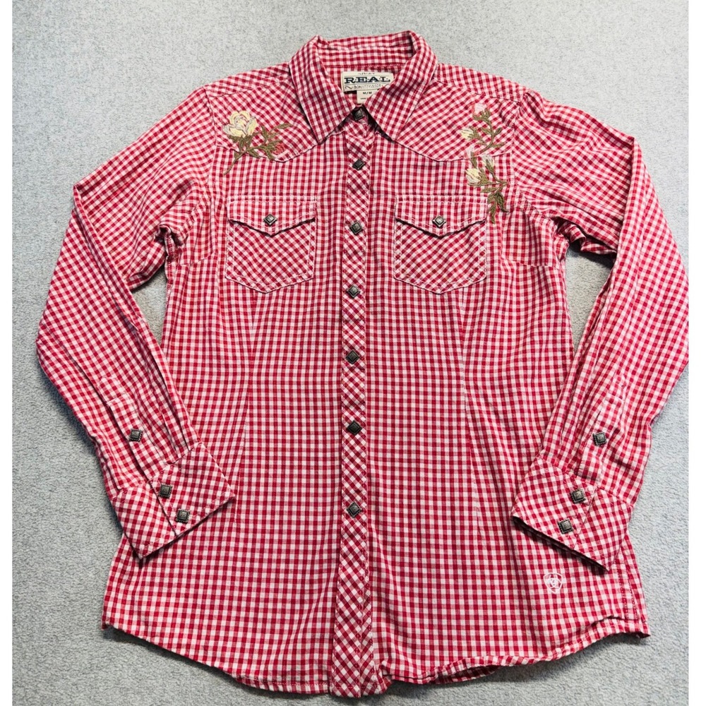 Ariat REAL Western Shirt Womens M Red Gingham Floral Embroidered Snap Front Boho